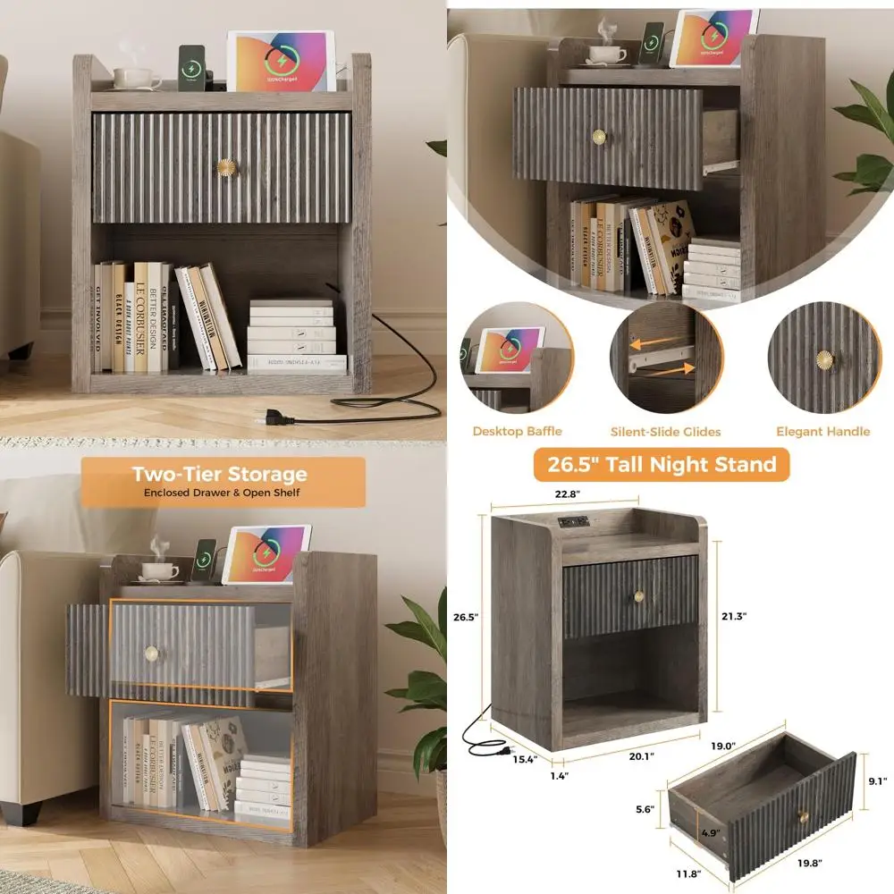 Large 26.5 Tall Wood Nightstand with Charging Station, Drawer, and Shelf for Bedroom, Wide Side Table for Modern Home Decor
Large 26.5 Tall Wood Nightstand with Charging Station, Drawer, and Shelf for Bedroom, Wide Side Table for Modern Home Decor
