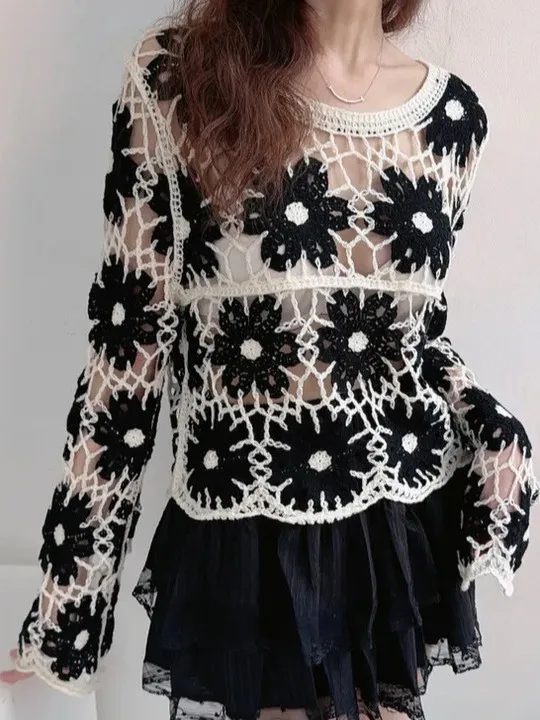 Korean Design Long Sve Knitted Sweater Women's Retro Hook Flower Hollow ort Sle Slimming Sexy Top Trendy Streetwear
Korean Design Long Sve Knitted Sweater Women's Retro Hook Flower Hollow ort Sle Slimming Sexy Top Trendy Streetwear
