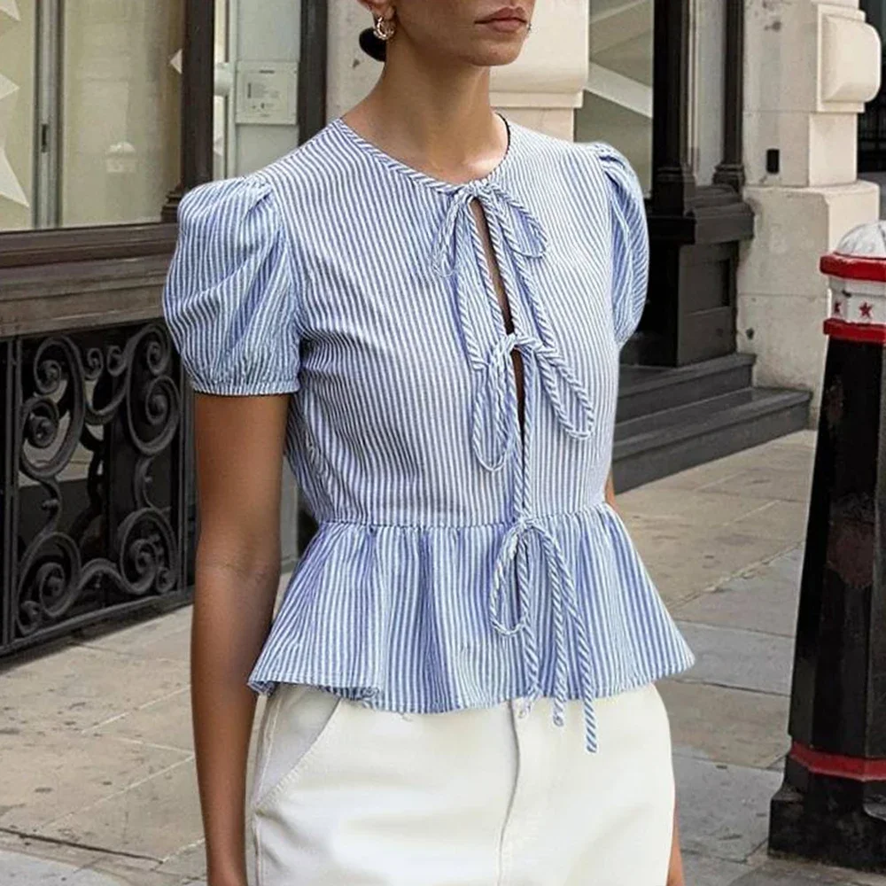 Блузки Летние гламурные шикарные полосатые блузки с круглым вырезом и короткими рукавами для вечеринок Блузки для женщин 
Блузки Летние гламурные шикарные полосатые блузки с круглым вырезом и короткими рукавами для вечеринок Блузки для женщин