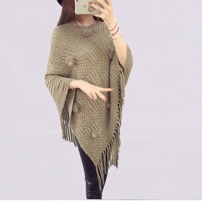 Spring Autumn Tassel Shawl Female Cloak Wool Ball Sweater Coat Loose V-neck Girl Warm Fashion Leisure Khaki Shawl Wrap Sweater
Spring Autumn Tassel Shawl Female Cloak Wool Ball Sweater Coat Loose V-neck Girl Warm Fashion Leisure Khaki Shawl Wrap Sweater