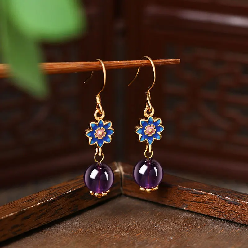 Chinese Classical Style Amethyst Camellia Women's Earrings, Simple and Personalized Retro Accessories 
Chinese Classical Style Amethyst Camellia Women's Earrings, Simple and Personalized Retro Accessories