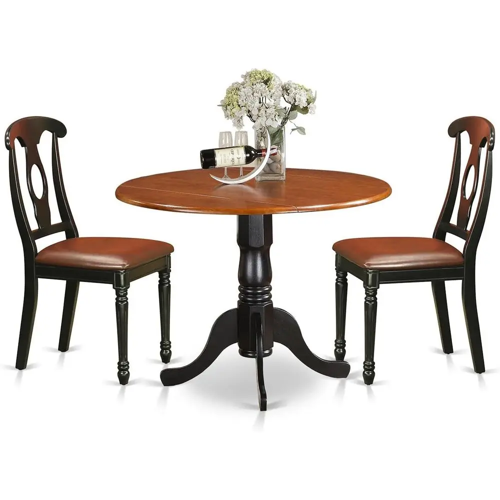 3-Piece Dining Set: Round Wooden Table with Drop Leaf and 2 Leather Chairs, 42x42 Inches, Black & Cherry
3-Piece Dining Set: Round Wooden Table with Drop Leaf and 2 Leather Chairs, 42x42 Inches, Black & Cherry