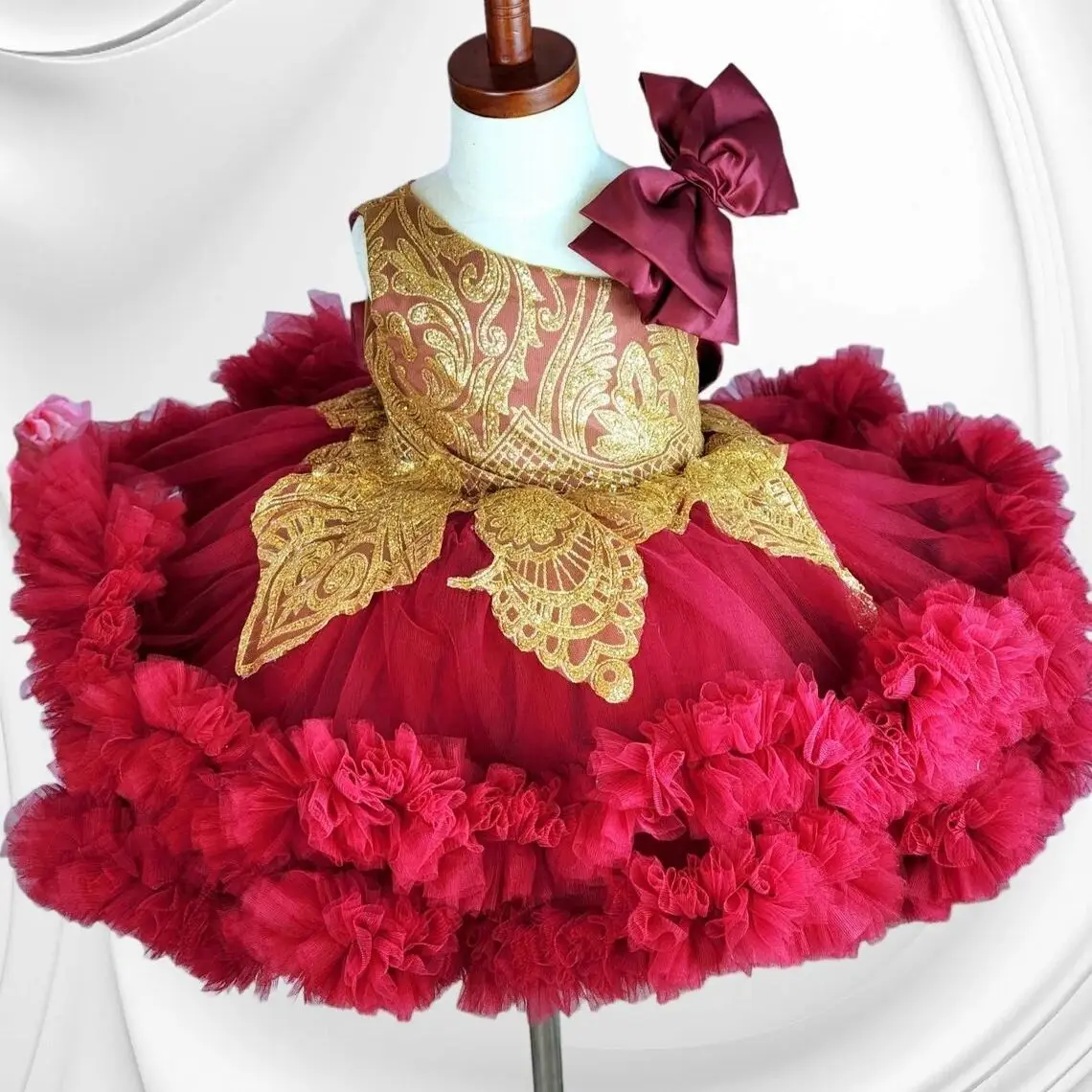 Темно-красные платья для дня рождения для девочек с бантом и оборками, аппликация, платья принцессы с цветочным узором для девочек, бальные платья для маленьких детей для фотосессии