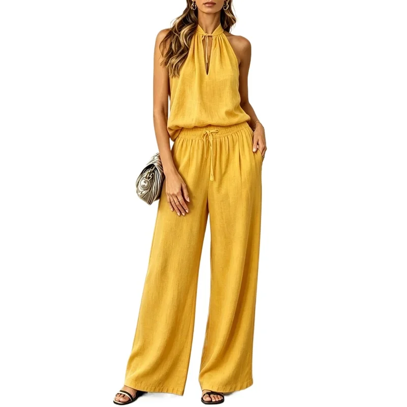 Women's solid color casual cotton and linen top and wide leg pants set
Women's solid color casual cotton and linen top and wide leg pants set