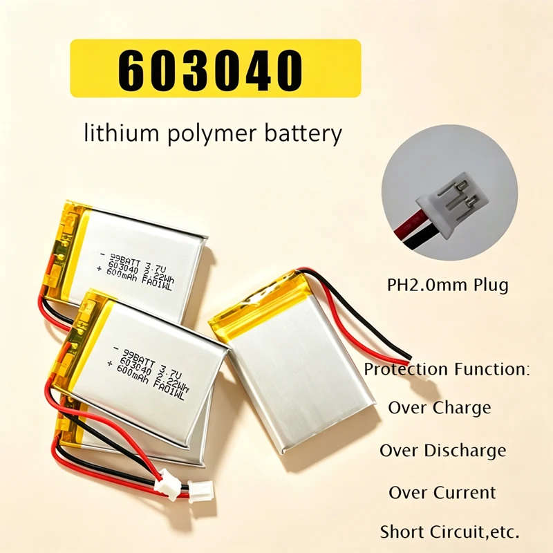 603040 3.7V Battery 600mAh Rechargeable Polymer Lithium Cell for GPS LED Light Bluetooth Speaker Headset Toy Selfie Stick Fan
603040 3.7V Battery 600mAh Rechargeable Polymer Lithium Cell for GPS LED Light Bluetooth Speaker Headset Toy Selfie Stick Fan