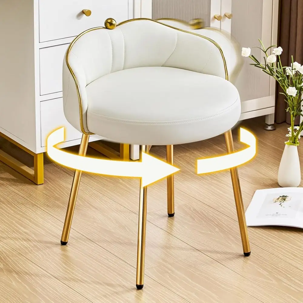 White Leather Swivel Vanity Chair with Back, Small Arms, No Wheels, Gold Legs for Bedroom or Makeup Desk
White Leather Swivel Vanity Chair with Back, Small Arms, No Wheels, Gold Legs for Bedroom or Makeup Desk