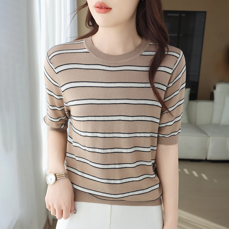 Summer New style Lyocell short-sleeved women's round-neck striped knitted T-shirt female casual and fashionable T-shirt Top
Summer New style Lyocell short-sleeved women's round-neck striped knitted T-shirt female casual and fashionable T-shirt Top