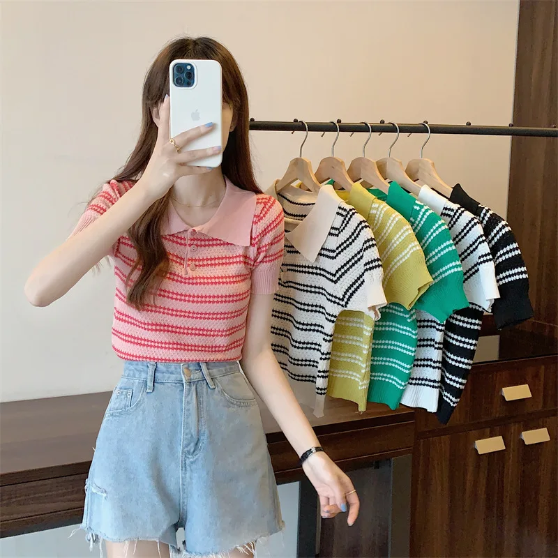 Summer Short Sleeve Striped T-Shirt Women Knitted Shirts Pullover Tops Female Versatile Casual Knitted Tee Women's Crop Top D949
Summer Short Sleeve Striped T-Shirt Women Knitted Shirts Pullover Tops Female Versatile Casual Knitted Tee Women's Crop Top D949