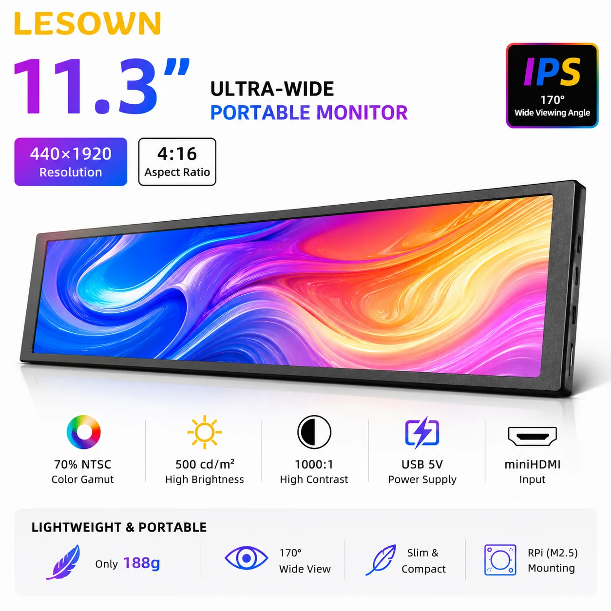 LESOWN 11.3'' Plug n Play Secondary Display 1920x440 Matte Black miniHDTV AIDA64 Temp Monitor 60Hz
LESOWN 11.3'' Plug n Play Secondary Display 1920x440 Matte Black miniHDTV AIDA64 Temp Monitor 60Hz