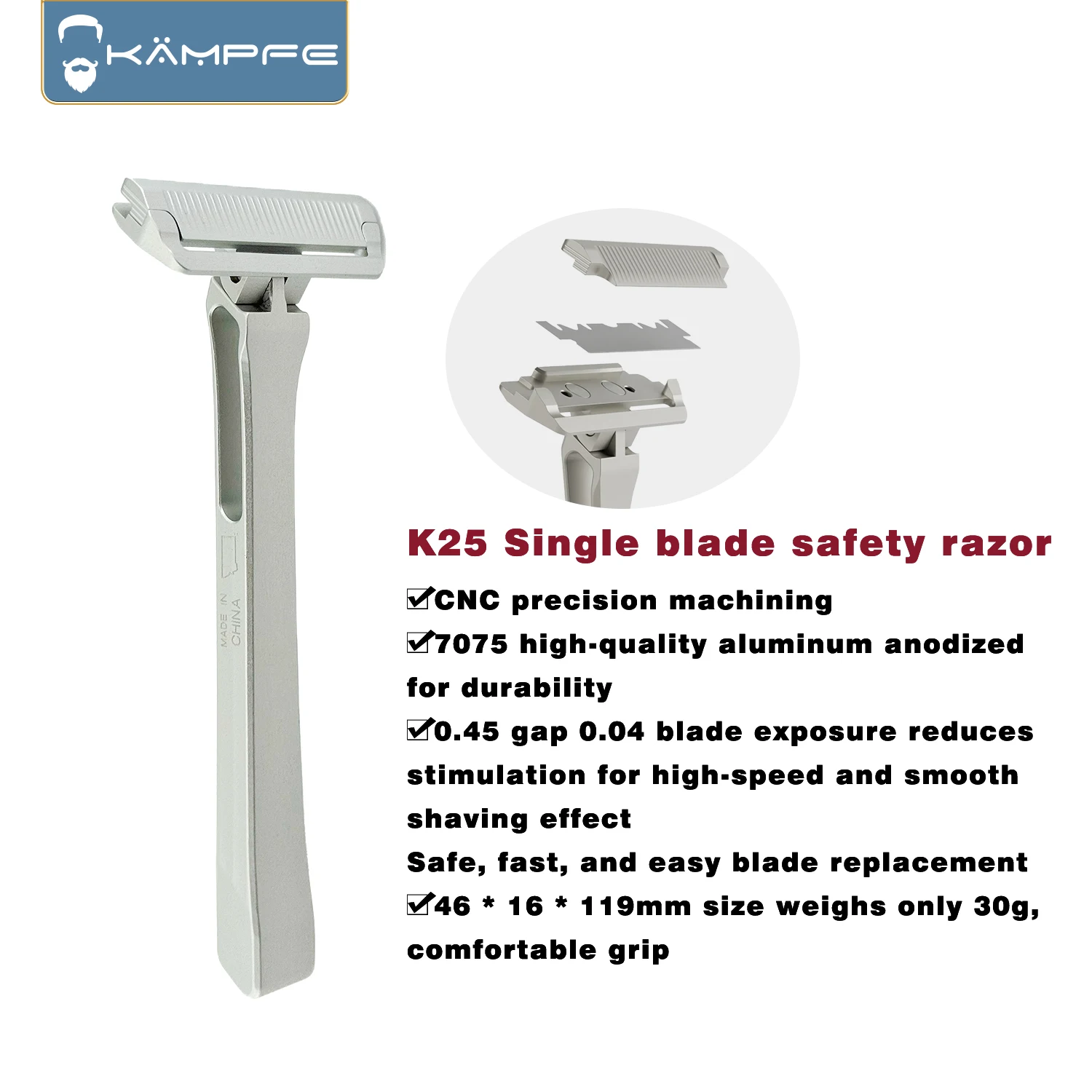 KAMPFE K25 single blade safety shaver CNC precision machined aluminum Razor sturdy, durable, smooth shaving
KAMPFE K25 single blade safety shaver CNC precision machined aluminum Razor sturdy, durable, smooth shaving