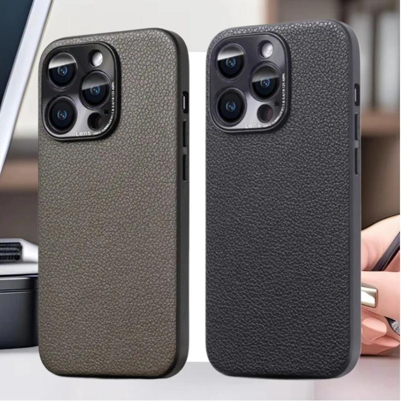 Роскошный чехол для телефона из воловьей кожи с узором личи для iPhone 16 Pro Max 15 Pro 14 Plus 13 12 11, защитный жесткий чехол с металлическими линзами 
Роскошный чехол для телефона из воловьей кожи с узором личи для iPhone 16 Pro Max 15 Pro 14 Plus 13 12 11, защитный жесткий чехол с металлическими линзами