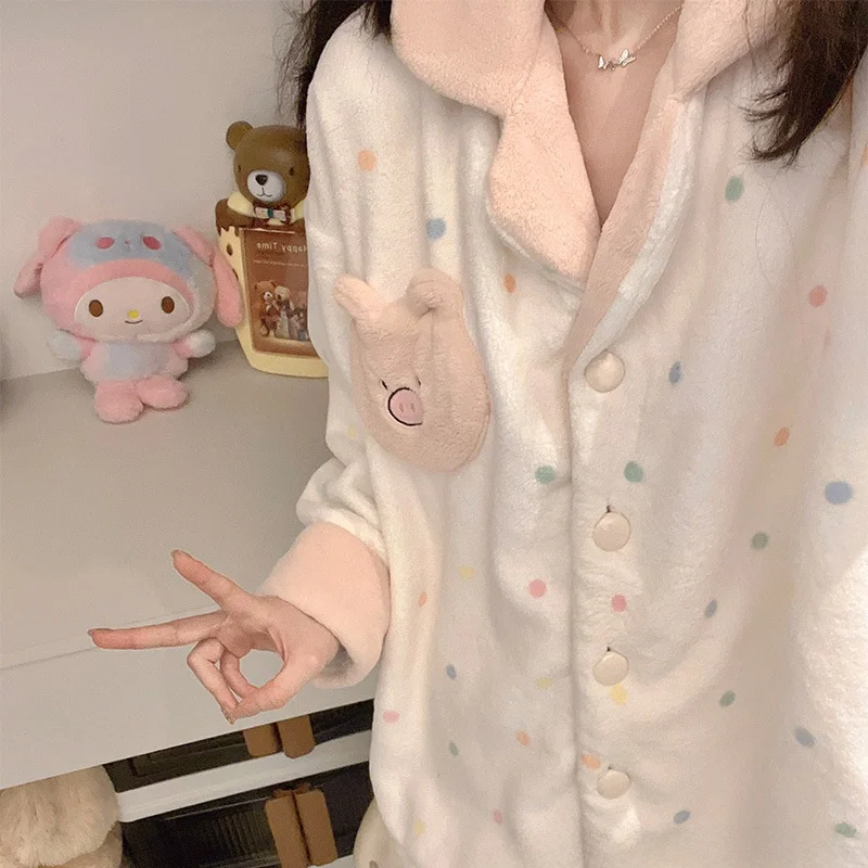 Polka Dot Pig Women's Sleepwear Set Thickened Fleece Coral Velvet Winter Warm Home Clothes Long Sleeve Button Front Closure
Polka Dot Pig Women's Sleepwear Set Thickened Fleece Coral Velvet Winter Warm Home Clothes Long Sleeve Button Front Closure