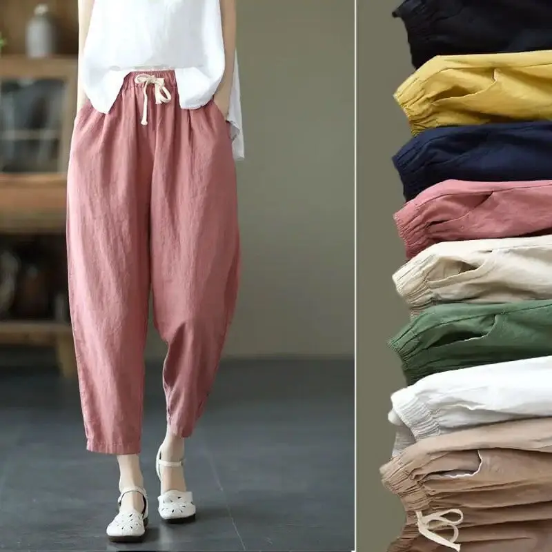 Cotton Linen Pants For Women Elastic Waist Loose Fit Casual Cropped Pants 2025 Summer New Vintage Drawstring Harem Ttrousers
Cotton Linen Pants For Women Elastic Waist Loose Fit Casual Cropped Pants 2025 Summer New Vintage Drawstring Harem Ttrousers