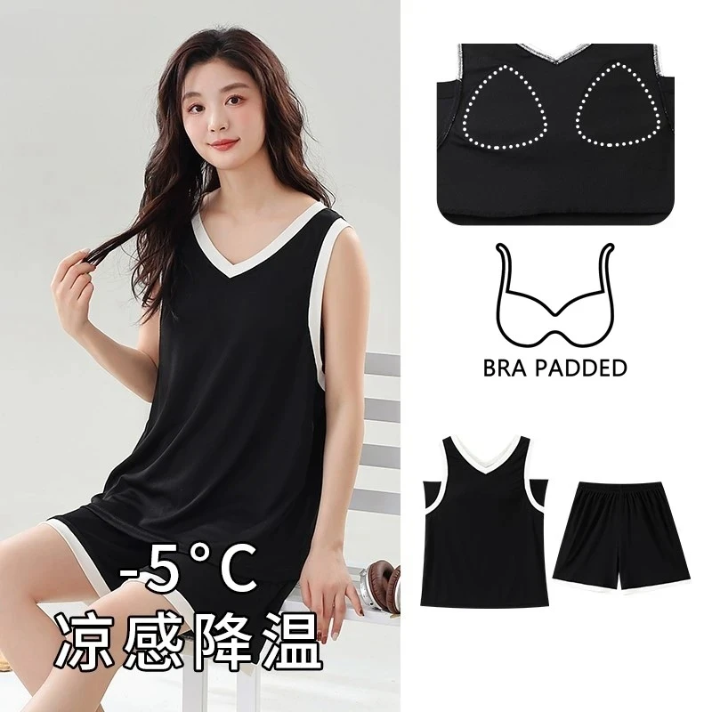 Black Sleeveless Pj Set for Youth Women Summer Shorts Cool Modal Pyjamas V Neck Elastic Waistband Soft Sleepwear with Bra Padded
Black Sleeveless Pj Set for Youth Women Summer Shorts Cool Modal Pyjamas V Neck Elastic Waistband Soft Sleepwear with Bra Padded