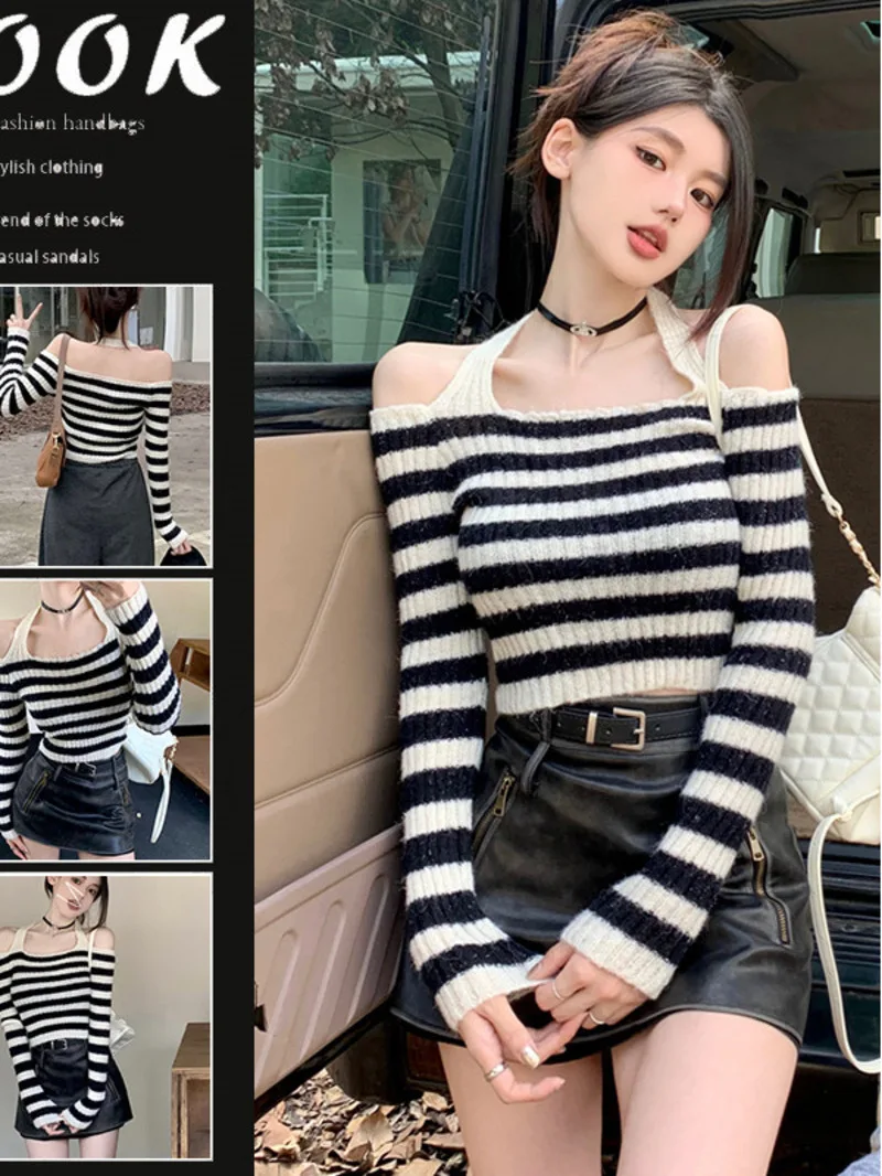 Design sense niche off the shoulder hanging neck striped long sleeved T-shirt for women's autumn new sexy slim fit short EPXB
Design sense niche off the shoulder hanging neck striped long sleeved T-shirt for women's autumn new sexy slim fit short EPXB