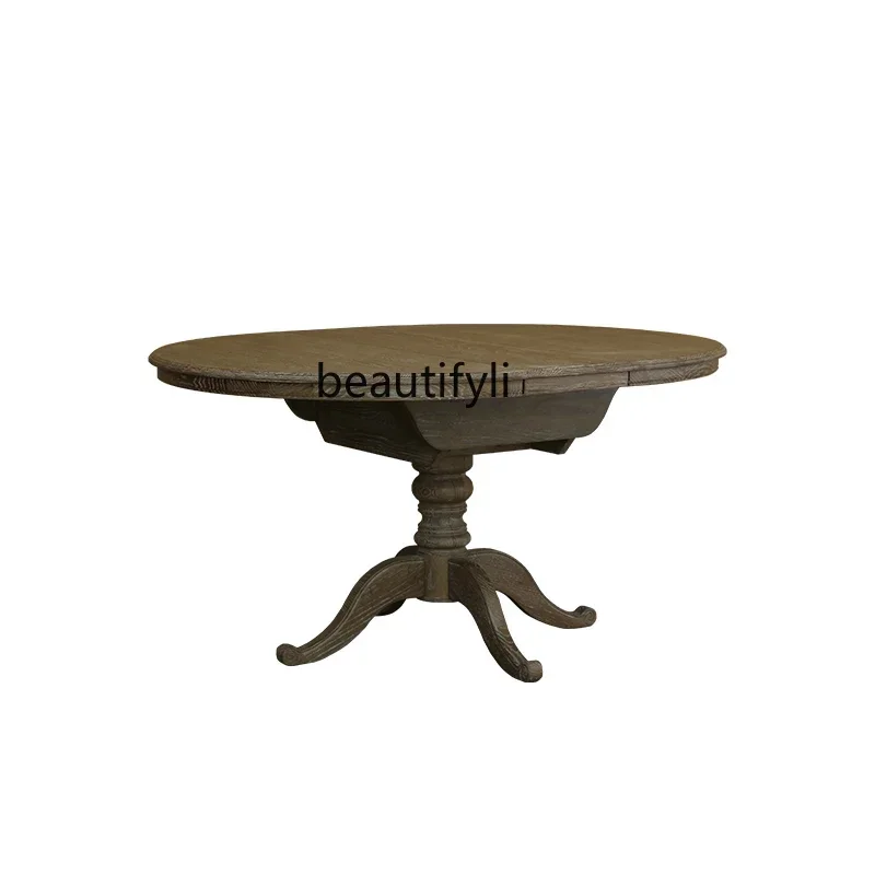 New style American all solid wood round dining table, a set of retractable retro oak dining table and chairs for home use
New style American all solid wood round dining table, a set of retractable retro oak dining table and chairs for home use