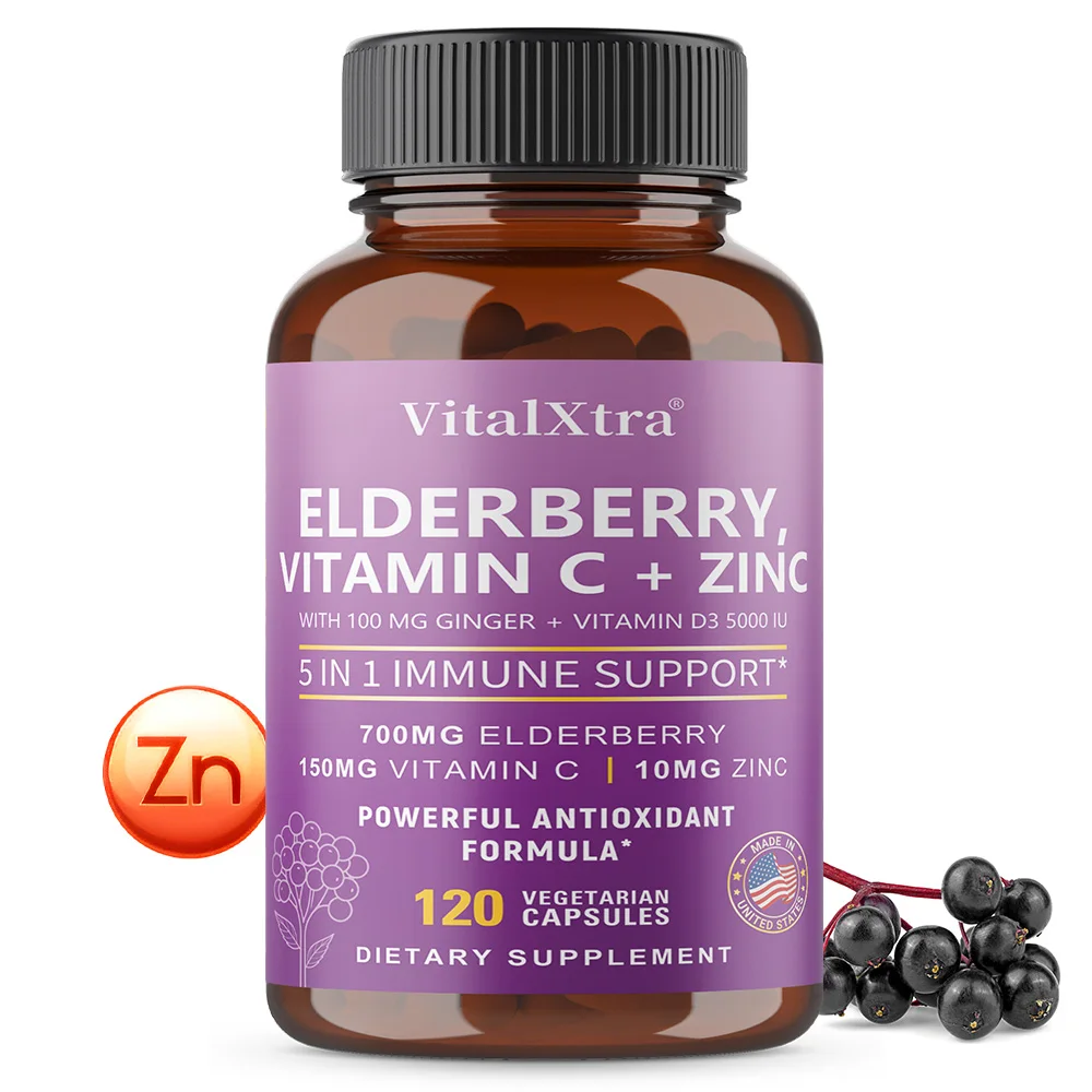 Elderberry, Vitamin C, D3, Zinc, & Ginger Immune Support Supplement, (120 Capsules) - 5 in 1 Daily Immune Support for Adults
Elderberry, Vitamin C, D3, Zinc, & Ginger Immune Support Supplement, (120 Capsules) - 5 in 1 Daily Immune Support for Adults