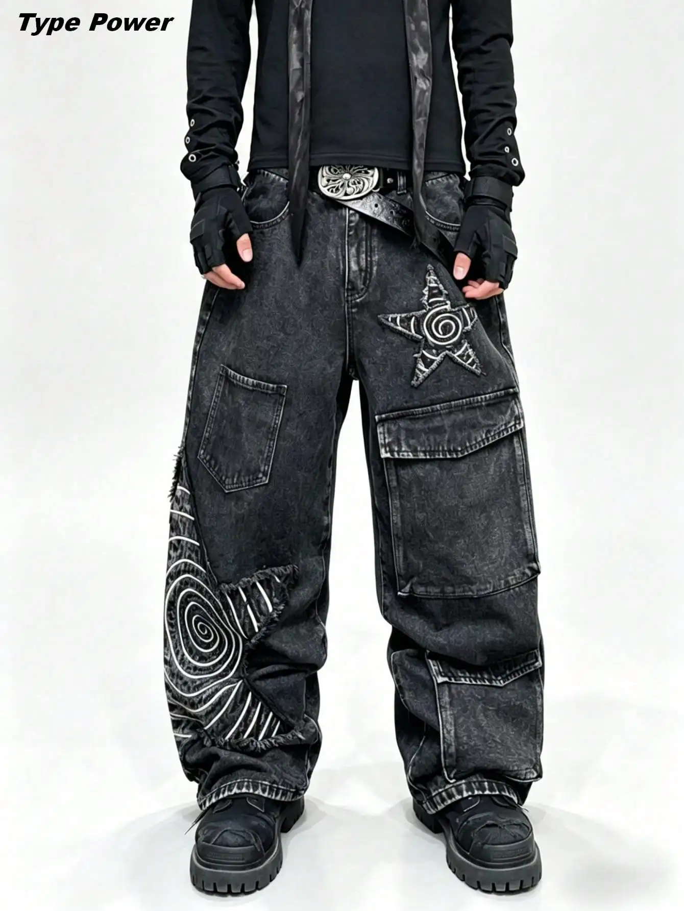 Type Power 1PC Y2K American Retro Washed Denim Pants, Men's Spiral Star Embroidered Wide Leg Trousers, Punk Streetwear Casual Bottoms
Type Power 1PC Y2K American Retro Washed Denim Pants, Men's Spiral Star Embroidered Wide Leg Trousers, Punk Streetwear Casual Bottoms