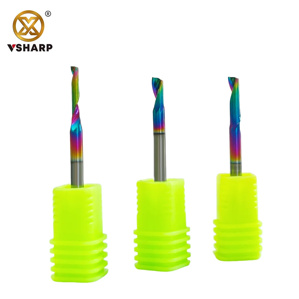 Vsharp 3.175mm Shank 1 Flute Aluminum Milling Cutter With DLC Colorful Coating Engraving Cutting
Vsharp 3.175mm Shank 1 Flute Aluminum Milling Cutter With DLC Colorful Coating Engraving Cutting