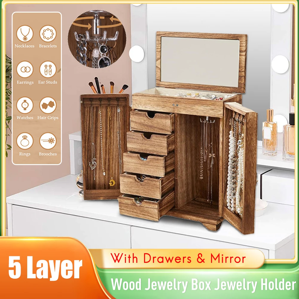 Большая деревянная шкатулка для украшений на 5 ярусов для женщин, органайзер для хранения ювелирных изделий с зеркалом для серег и ожерелий, для туалетного столика
Большая деревянная шкатулка для украшений на 5 ярусов для женщин, органайзер для хранения ювелирных изделий с зеркалом для серег и ожерелий, для туалетного столика