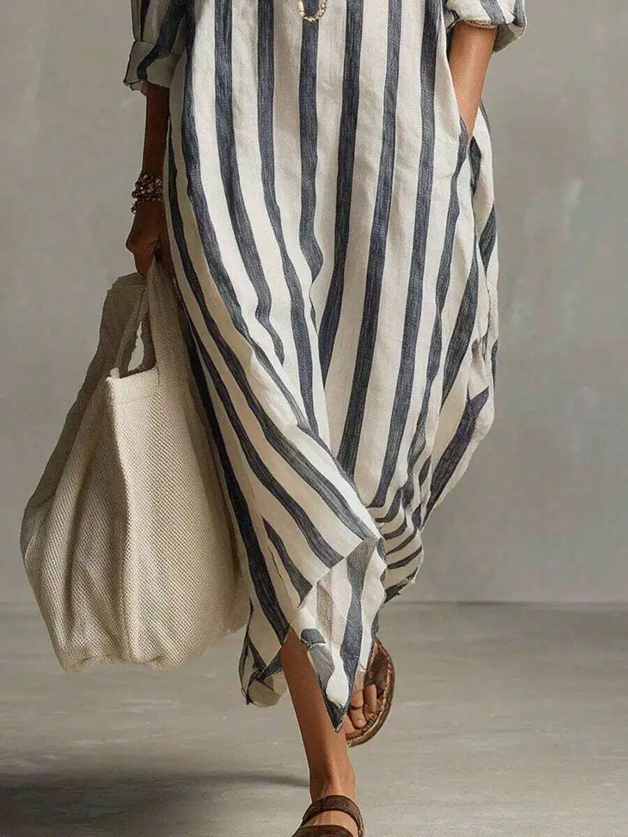 Loose V-Neck Long Striped Summer Nine-Quarter Sleeve Women Shirt Dress
Loose V-Neck Long Striped Summer Nine-Quarter Sleeve Women Shirt Dress