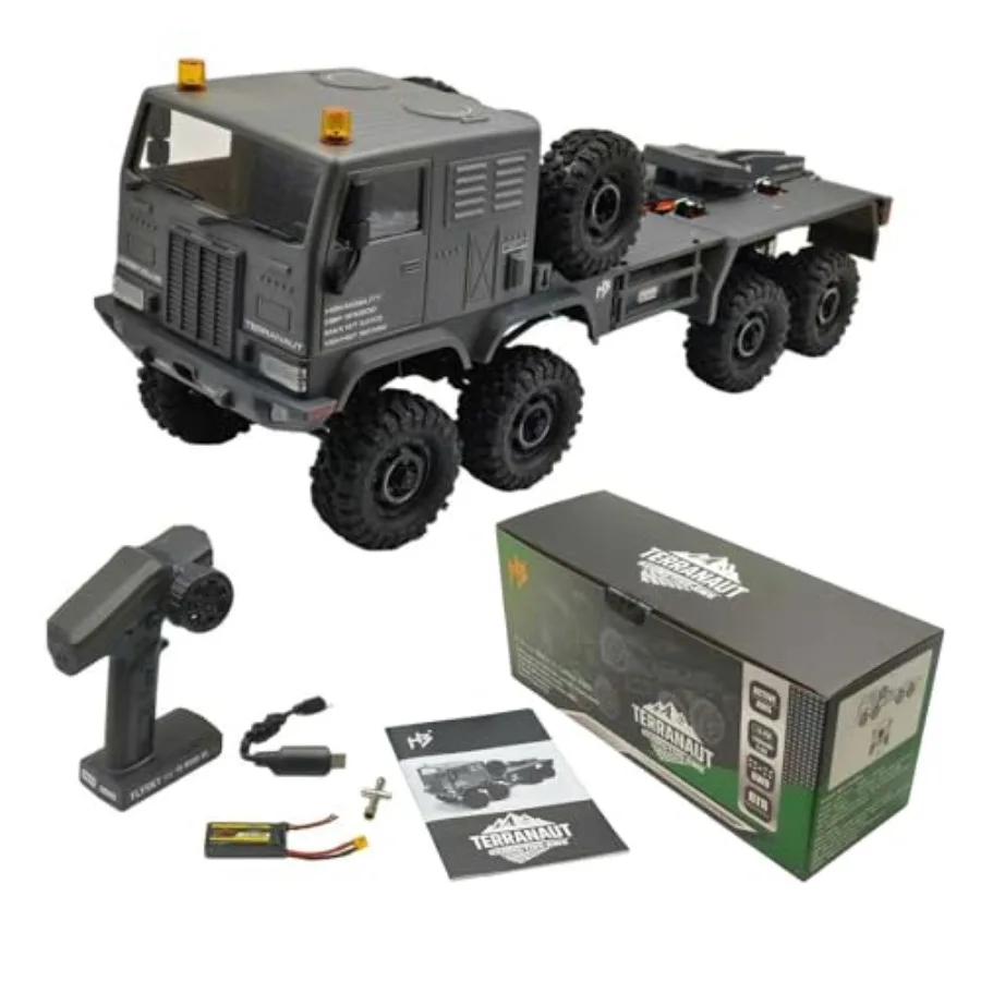 RC crawler for off-road terrain use, gray ABS plastic body, full-lock 8WD with active all-wheel steering, 2-speed transmission
RC crawler for off-road terrain use, gray ABS plastic body, full-lock 8WD with active all-wheel steering, 2-speed transmission