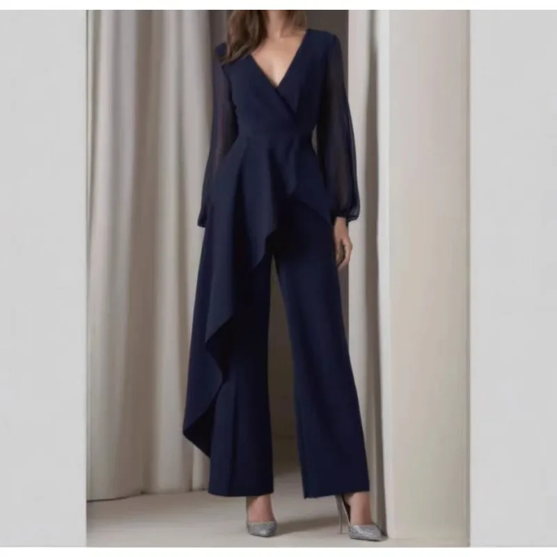 Elegant One-Piece Jumpsuits for Women Spring 2026 Navy Blue V-Neck Mesh Fabric Long-Sleeved Wide Leg Pants Office Work Clothes
Elegant One-Piece Jumpsuits for Women Spring 2026 Navy Blue V-Neck Mesh Fabric Long-Sleeved Wide Leg Pants Office Work Clothes