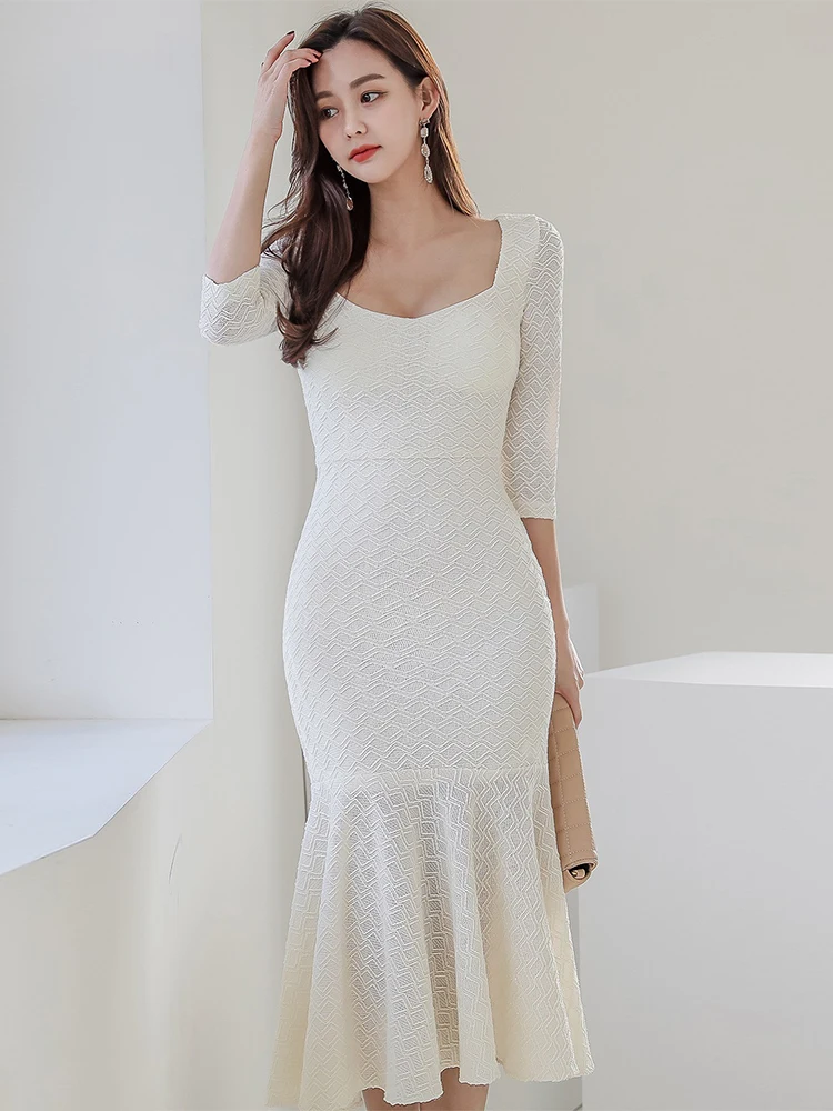Korean Fashion Spring Autumn Solid Bright Silk Fishtail Dresses Women Clothing Square Collar Slim Dress Robe Femme Mujer Vestido
Korean Fashion Spring Autumn Solid Bright Silk Fishtail Dresses Women Clothing Square Collar Slim Dress Robe Femme Mujer Vestido