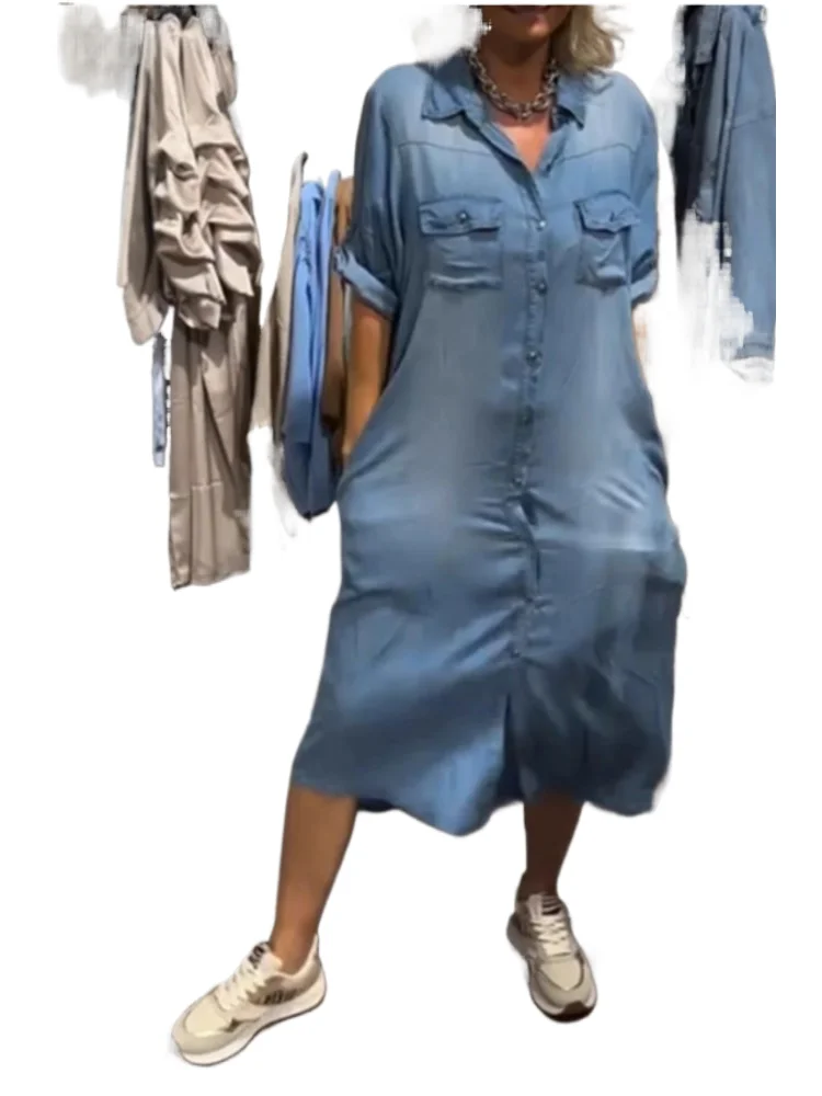 Female Casual Denim Dress Fashion Turn-down Collar Pockets Button Shirt Dresses For Women Office Holiday Womens Clothing Summer
Female Casual Denim Dress Fashion Turn-down Collar Pockets Button Shirt Dresses For Women Office Holiday Womens Clothing Summer