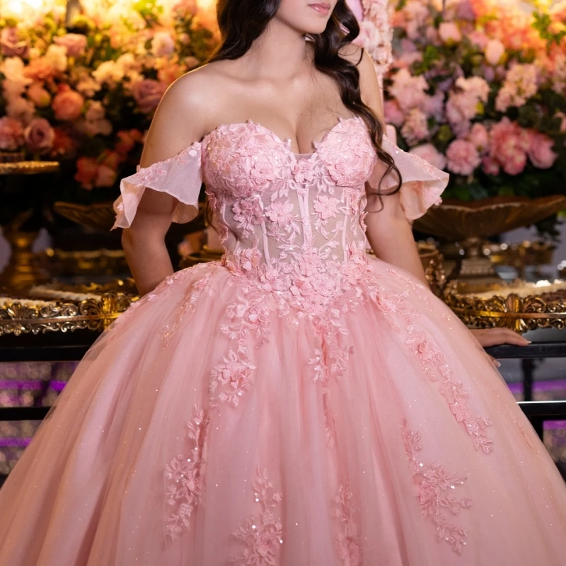 Pink Shiny Quinceanera Dresses Off The Shoulder Applique Flower Beadstull Corset Party Birthday Sweet 16 Dres Vestidos 15 Anos
Pink Shiny Quinceanera Dresses Off The Shoulder Applique Flower Beadstull Corset Party Birthday Sweet 16 Dres Vestidos 15 Anos