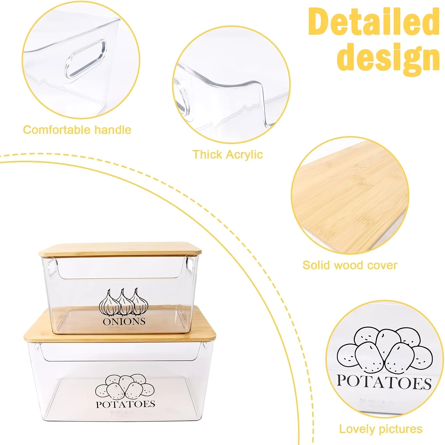 2-Set Transparent PE Clear Stackable Potato & Onion Storage Container with Bamboo Lid Suitable for Pantry, Kitchen Counter Organizer, Flip-Top Lid PE Bin for Potatoes, Onions, Vegetables, Container for Refrigerator or Counter
2-Set Transparent PE Clear Stackable Potato & Onion Storage Container with Bamboo Lid Suitable for Pantry, Kitchen Counter Organizer, Flip-Top Lid PE Bin for Potatoes, Onions, Vegetables, Container for Refrigerator or Counter