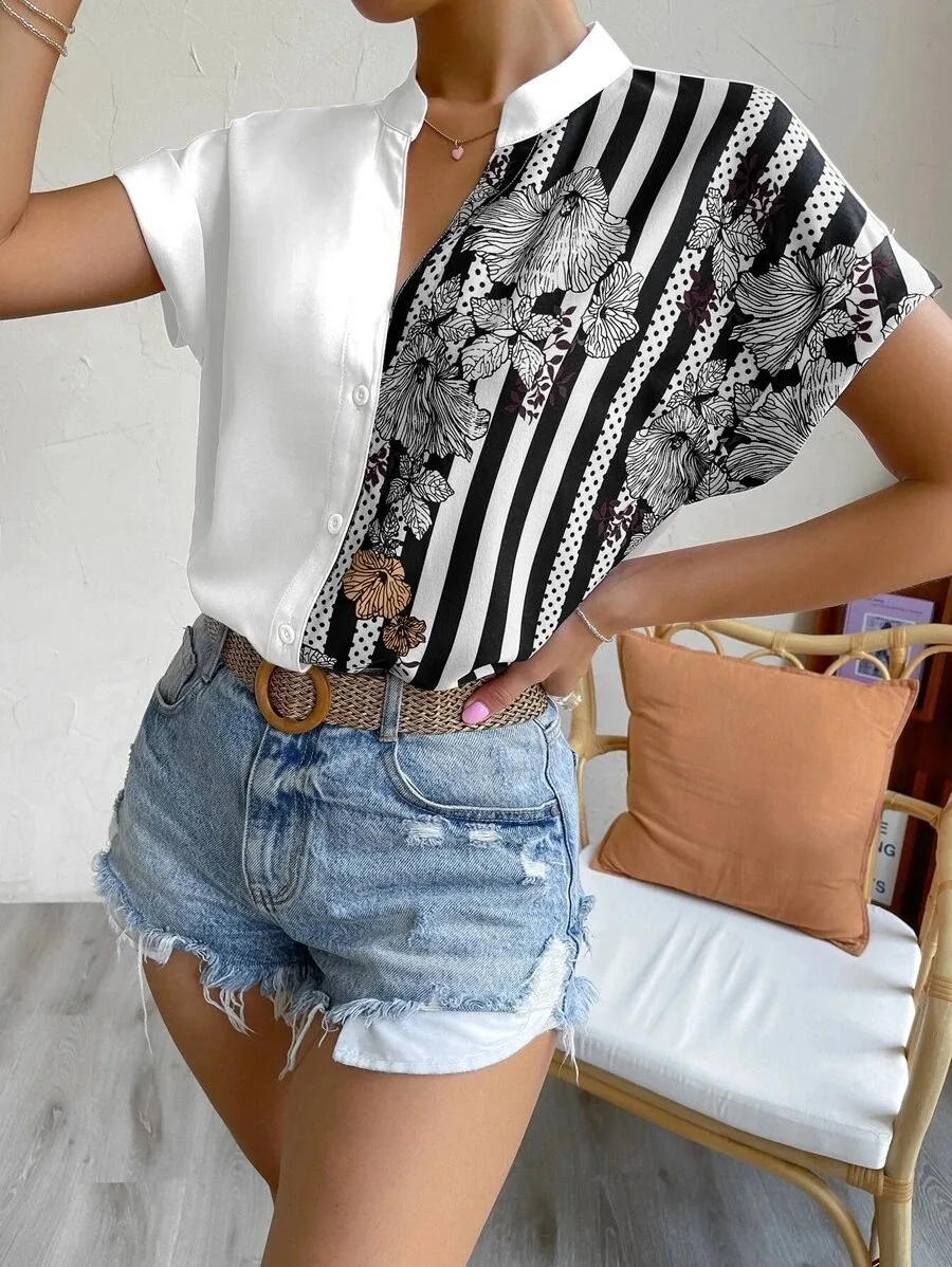 2025 women's clothing summer new double-spell contrasting color flower button cardigan short-sleeved shirt women
2025 women's clothing summer new double-spell contrasting color flower button cardigan short-sleeved shirt women