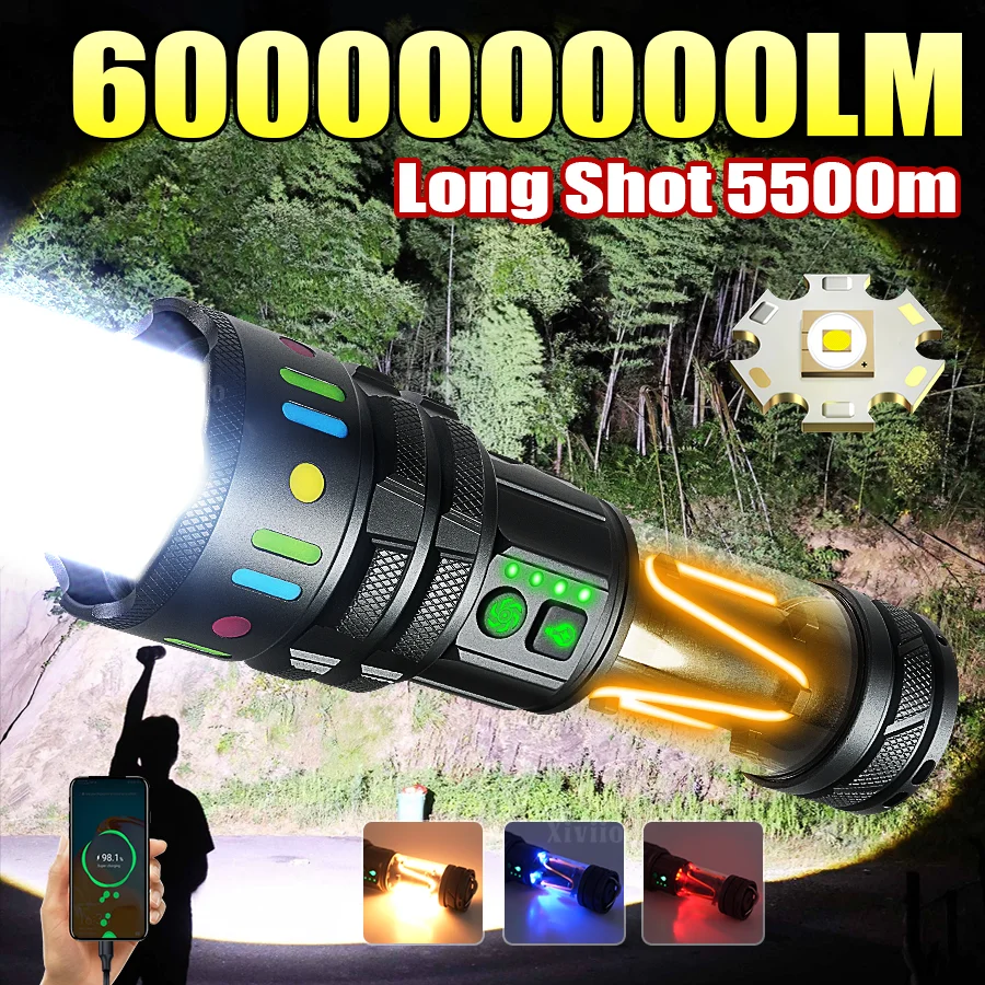 NEW 600000000LM Super Bright LED Flashlight Rechargable Ultra Bright Tactical Torch Long Range 5500m Zoomable Portable Lamp
NEW 600000000LM Super Bright LED Flashlight Rechargable Ultra Bright Tactical Torch Long Range 5500m Zoomable Portable Lamp