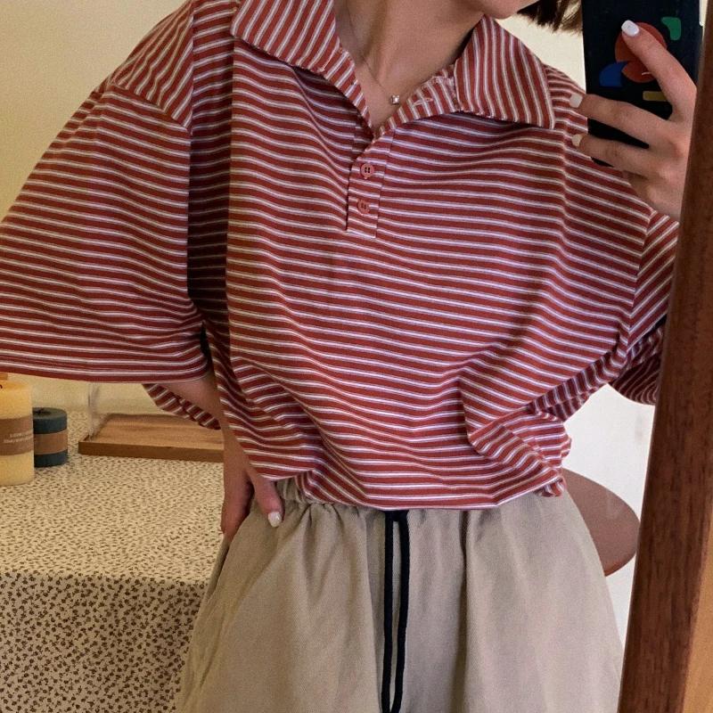 Summer Striped Print Short Sleeve Women Polo T Shirts Student Fashion Vintage Harajuku Oversized Clothing Daily Sports Red Green
Summer Striped Print Short Sleeve Women Polo T Shirts Student Fashion Vintage Harajuku Oversized Clothing Daily Sports Red Green