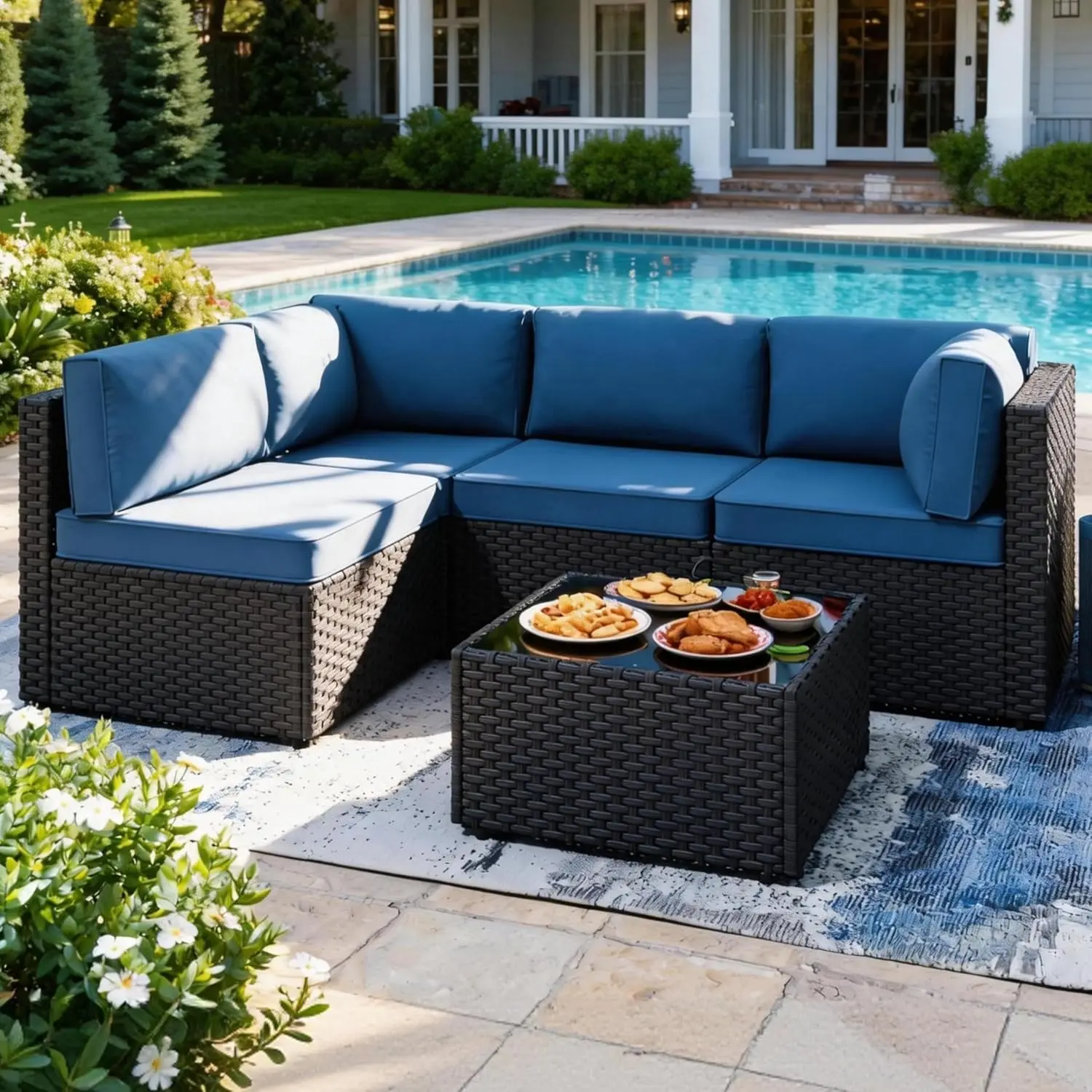 5pc Low Back All-Weather Rattan Sectional Sofa Set with Tea Table & Washable Cushions Outdoor Patio Black, Customized
5pc Low Back All-Weather Rattan Sectional Sofa Set with Tea Table & Washable Cushions Outdoor Patio Black, Customized