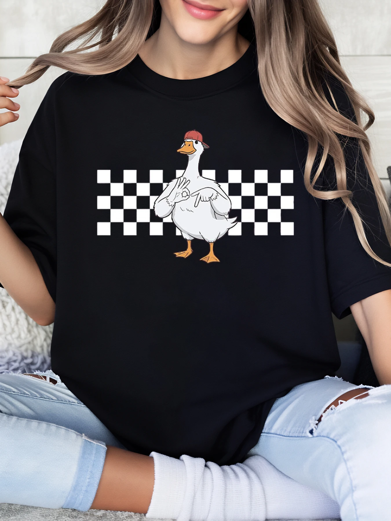 Duck with Checkered Background and Text Duck T-Shirt Halloween Women Casual Wear Black Plus-Size
Duck with Checkered Background and Text Duck T-Shirt Halloween Women Casual Wear Black Plus-Size