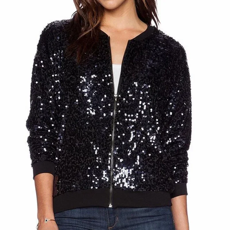 Women Black Sequin Bomber Jacket Loose Stand Collar 2023 Spring Autumn Ladies Casual Velour Coat Zip Up Baseball Jacket
Women Black Sequin Bomber Jacket Loose Stand Collar 2023 Spring Autumn Ladies Casual Velour Coat Zip Up Baseball Jacket