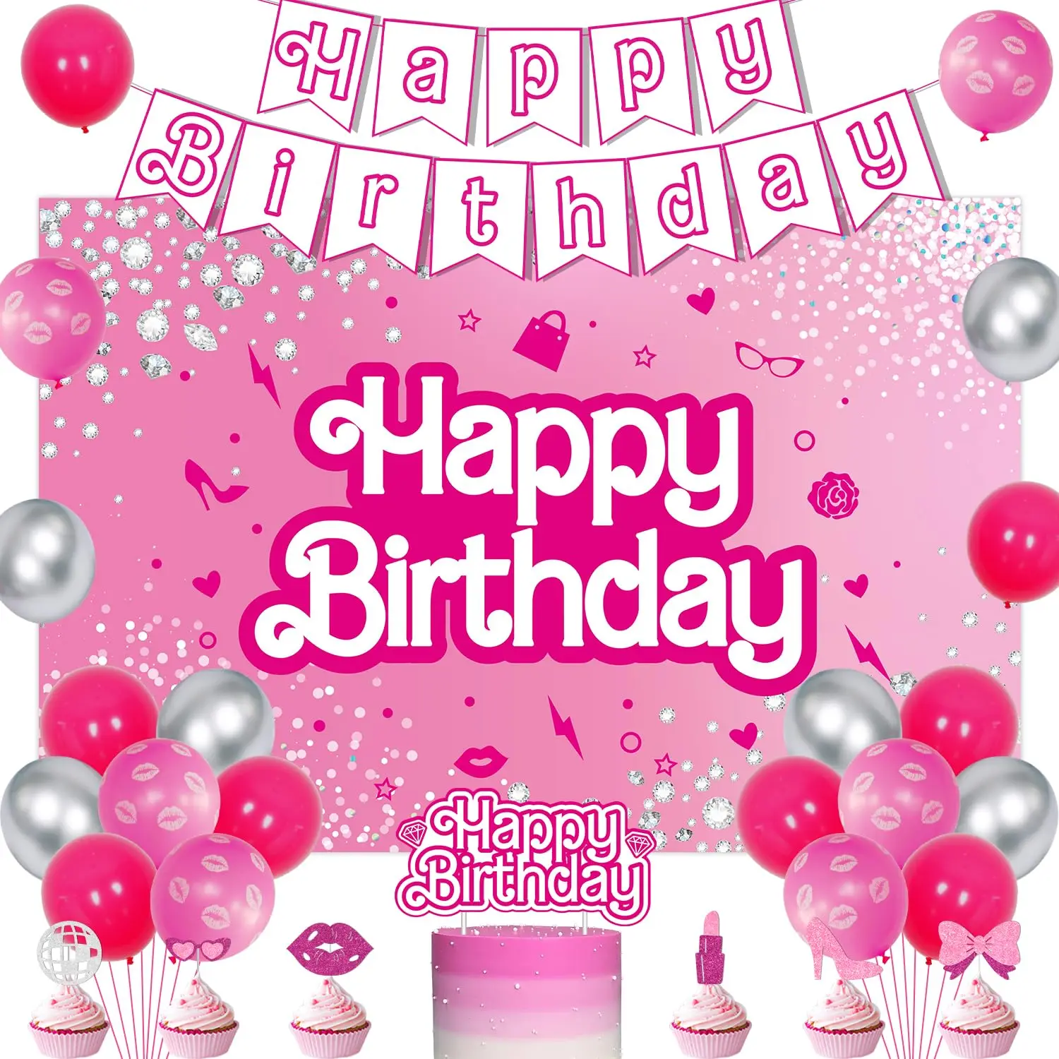 Kreat4joy Pink Doll Themed Happy Birthday Backdrop Banner Cake Topper Glitter Lip High Heel Cupcake Toppers with Balloons Kit,
Kreat4joy Pink Doll Themed Happy Birthday Backdrop Banner Cake Topper Glitter Lip High Heel Cupcake Toppers with Balloons Kit,