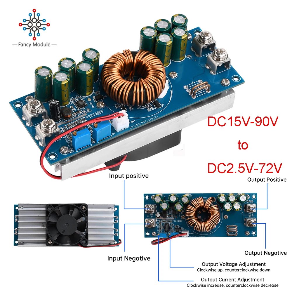 800W/1200W High Power Step-down Power Supply Voltage Current DC15V~90V to DC2.5V~72V Adjustable Regulator Power Supply Module
800W/1200W High Power Step-down Power Supply Voltage Current DC15V~90V to DC2.5V~72V Adjustable Regulator Power Supply Module