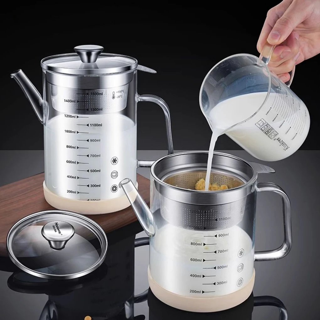 1.2/1.5L Soybean Milk Filter Pot Stainless Steel Oil Filter Pot Milk Yogurt Strainer Glass Container Food Strainer with Scale
1.2/1.5L Soybean Milk Filter Pot Stainless Steel Oil Filter Pot Milk Yogurt Strainer Glass Container Food Strainer with Scale