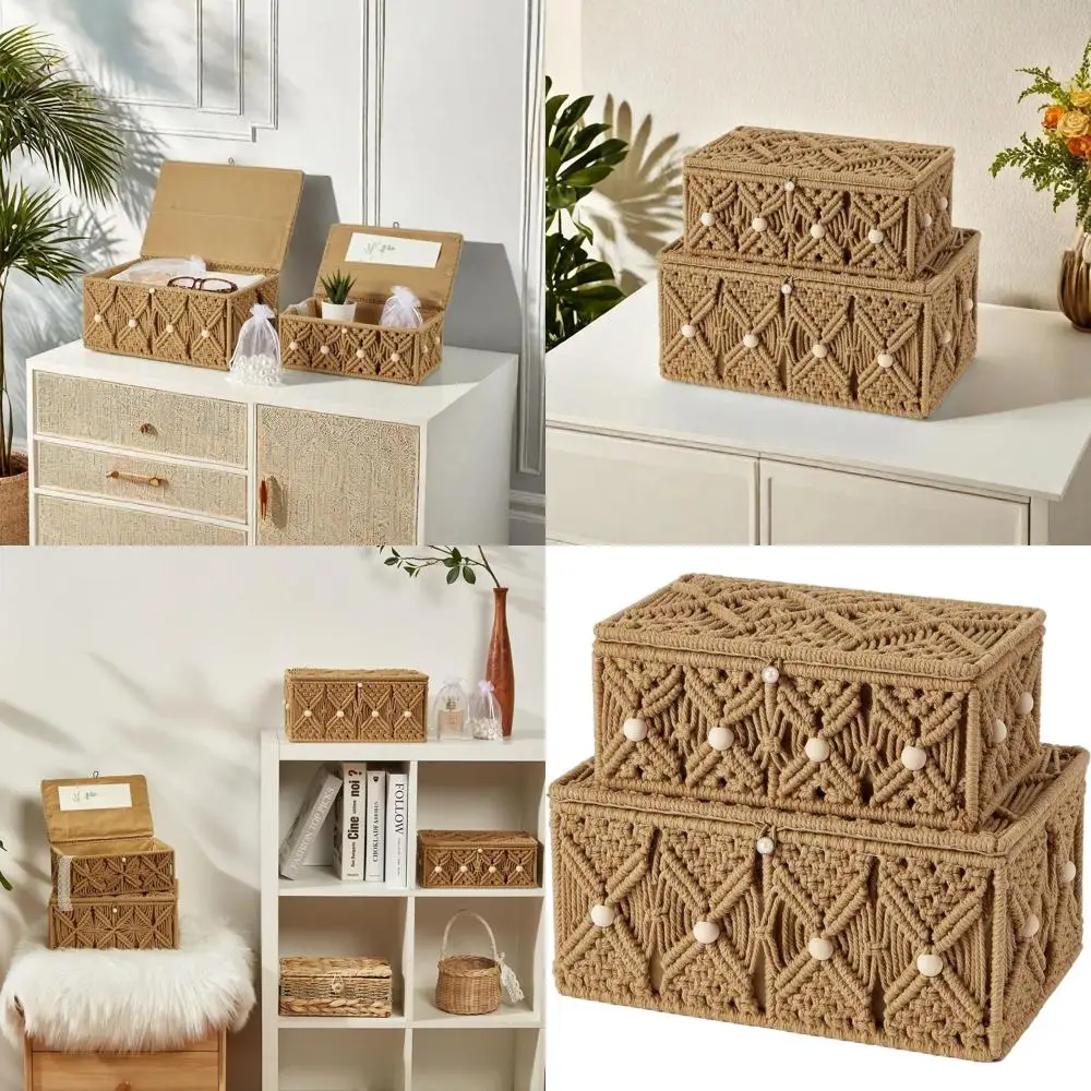 Macrame Boho Storage Baskets with Lids - Natural Cotton, 1 Large & 1 Small, for Jewelry, Makeup, and Home Decor
Macrame Boho Storage Baskets with Lids - Natural Cotton, 1 Large & 1 Small, for Jewelry, Makeup, and Home Decor