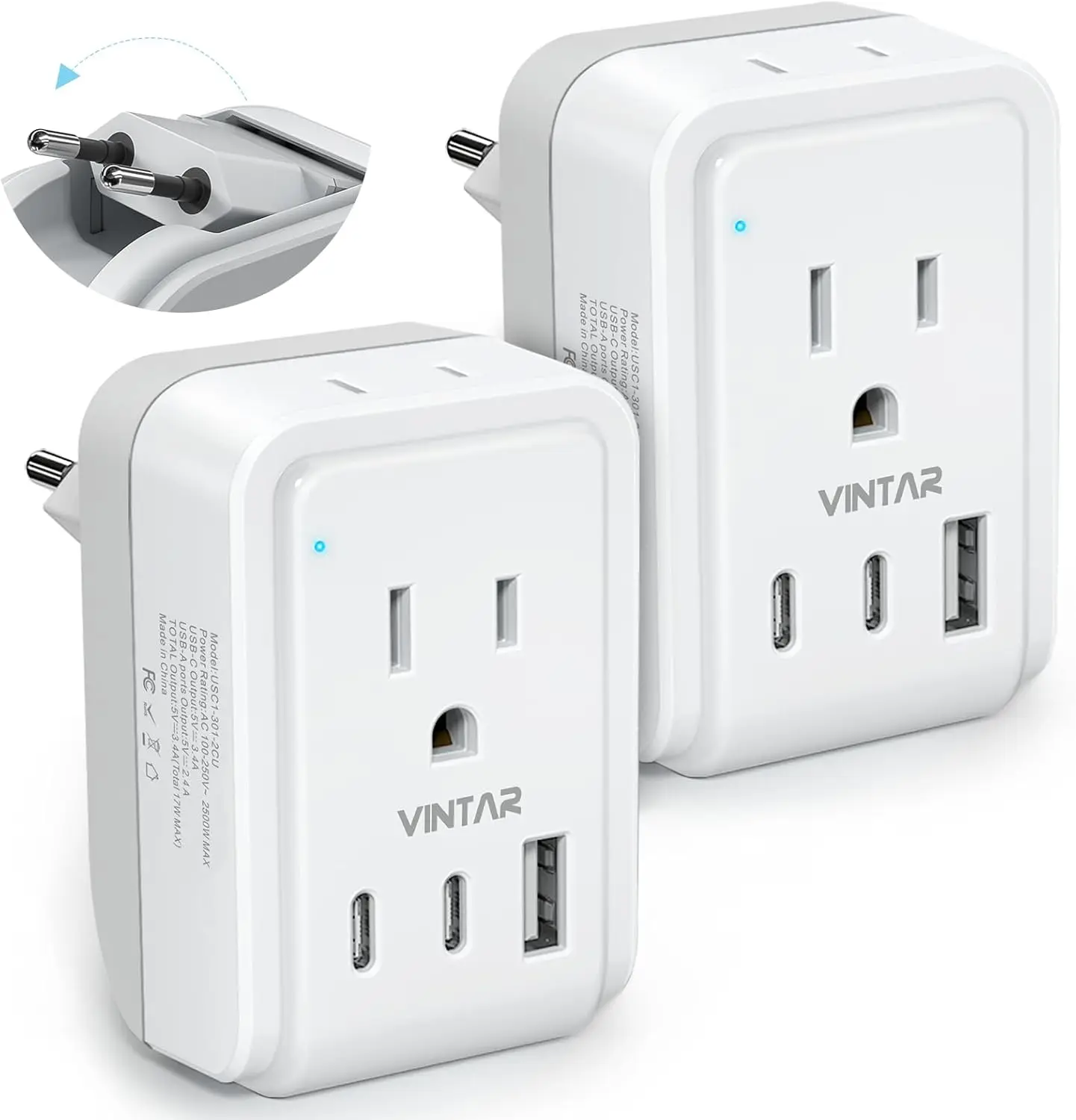 European Travel Plug Adapter, 5-in-1 with 2 AC Outlets & 3 USB Ports (2 USB-C), Foldable Type C for Italy, France, Spain
European Travel Plug Adapter, 5-in-1 with 2 AC Outlets & 3 USB Ports (2 USB-C), Foldable Type C for Italy, France, Spain