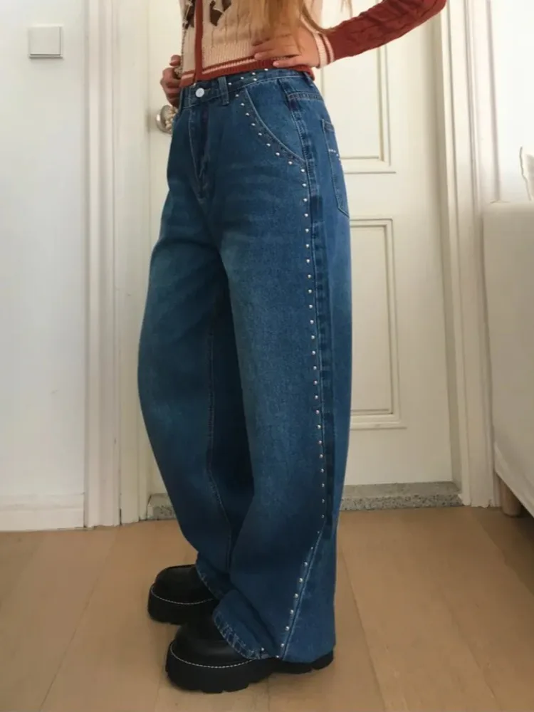 Retro Cool Spicy Rivet Straight Leg Jeans Women's High Street Faion Versatile Slimming High Waist Wide Leg Floor-Length Pants
Retro Cool Spicy Rivet Straight Leg Jeans Women's High Street Faion Versatile Slimming High Waist Wide Leg Floor-Length Pants