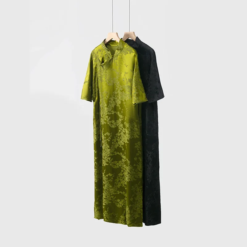 High Quality Silk Guanle Crepe New Chinese Style Dress Stand-up Collar Jacquard National Mid-Length with Shoulder Sleeve Summer
High Quality Silk Guanle Crepe New Chinese Style Dress Stand-up Collar Jacquard National Mid-Length with Shoulder Sleeve Summer
