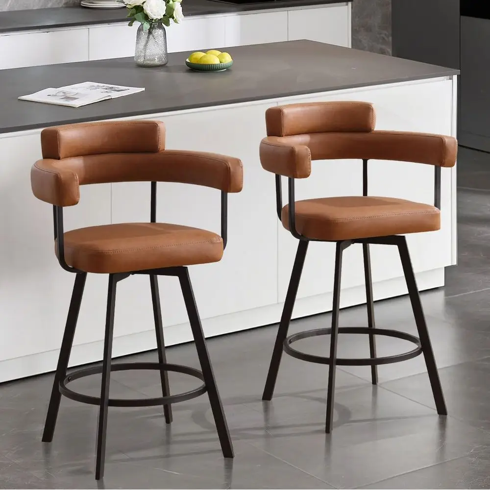 Set of 2, 26 Counter Height Stools with Armrests, Brown Faux Leather, Metal Legs
Set of 2, 26 Counter Height Stools with Armrests, Brown Faux Leather, Metal Legs