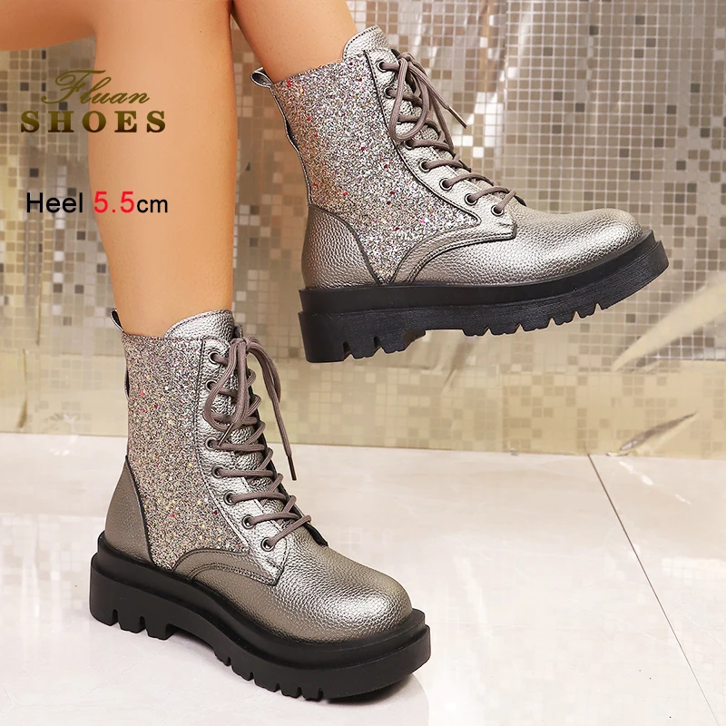 Spring Autumn Lace-up Women Ankle Boots 5.5cm Chunky Heel Platform Short Boots British Style New Thick Sole Sequined Party Shoes
Spring Autumn Lace-up Women Ankle Boots 5.5cm Chunky Heel Platform Short Boots British Style New Thick Sole Sequined Party Shoes