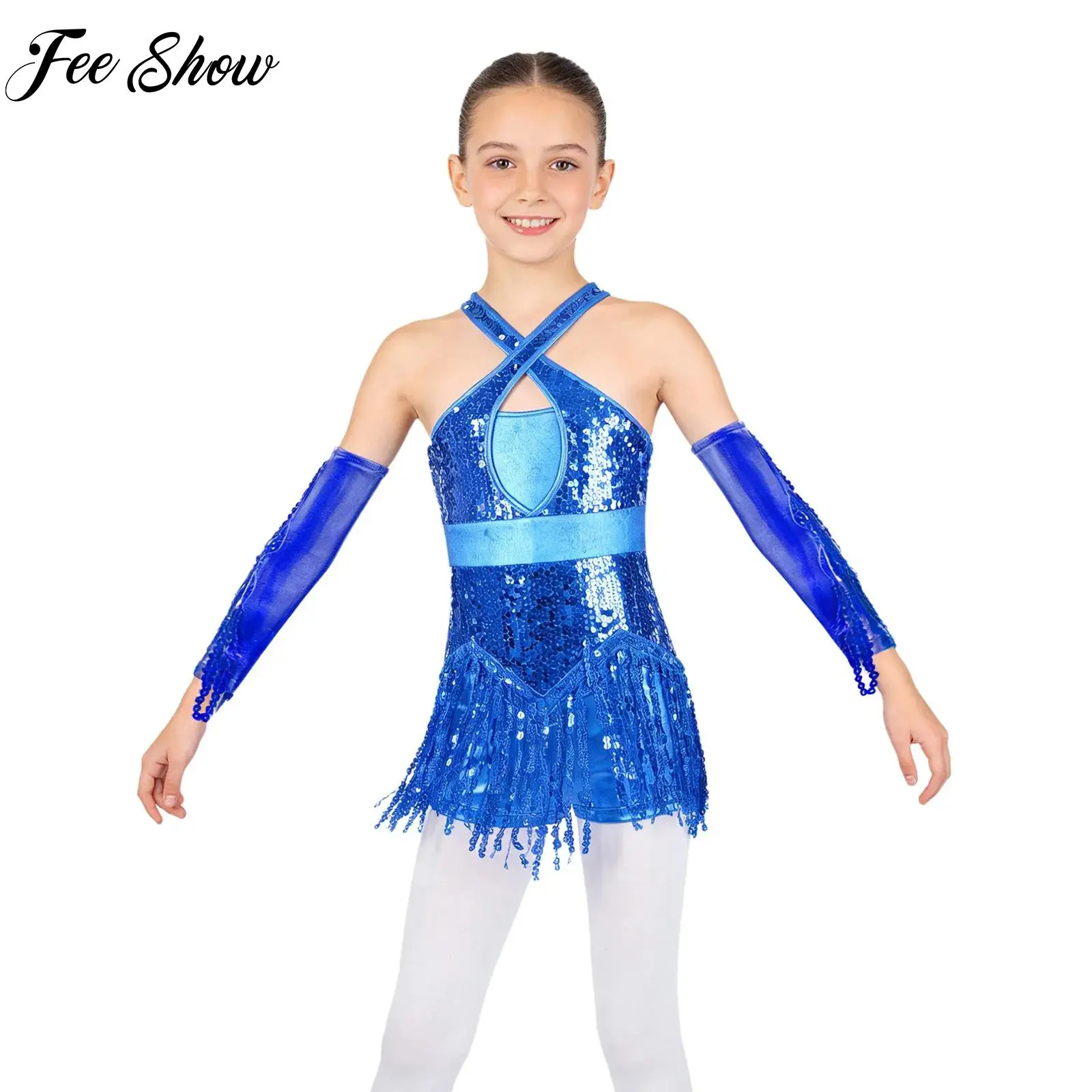 Kids Girls Sequins Rhythmic Jazz Latin Leotard Cha-Cha Cross Front Cutout Back Sparkly Sequins Tassel Dance Leotard with Gloves
Kids Girls Sequins Rhythmic Jazz Latin Leotard Cha-Cha Cross Front Cutout Back Sparkly Sequins Tassel Dance Leotard with Gloves