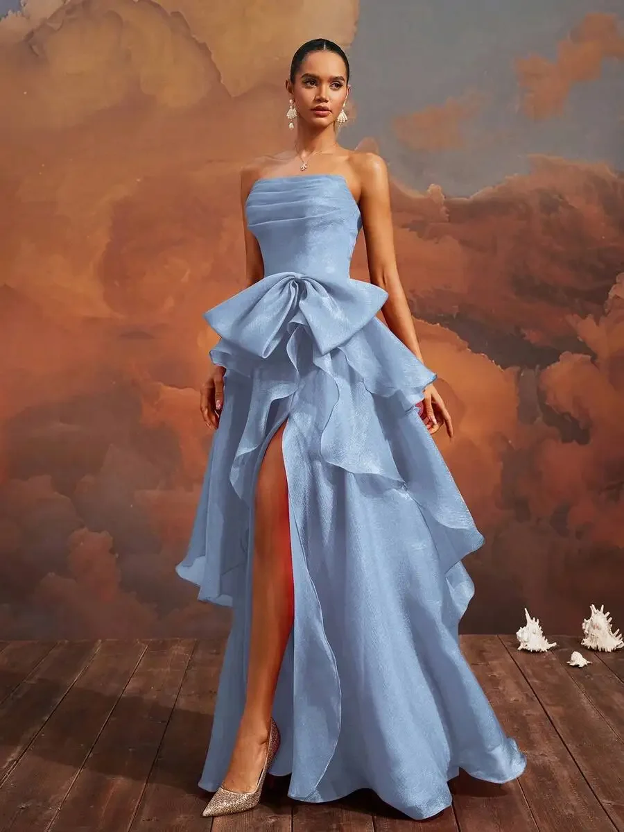 Elegant Sky Blue Strapless Bow Layered High Slit Formal Maxi Dress
Elegant Sky Blue Strapless Bow Layered High Slit Formal Maxi Dress