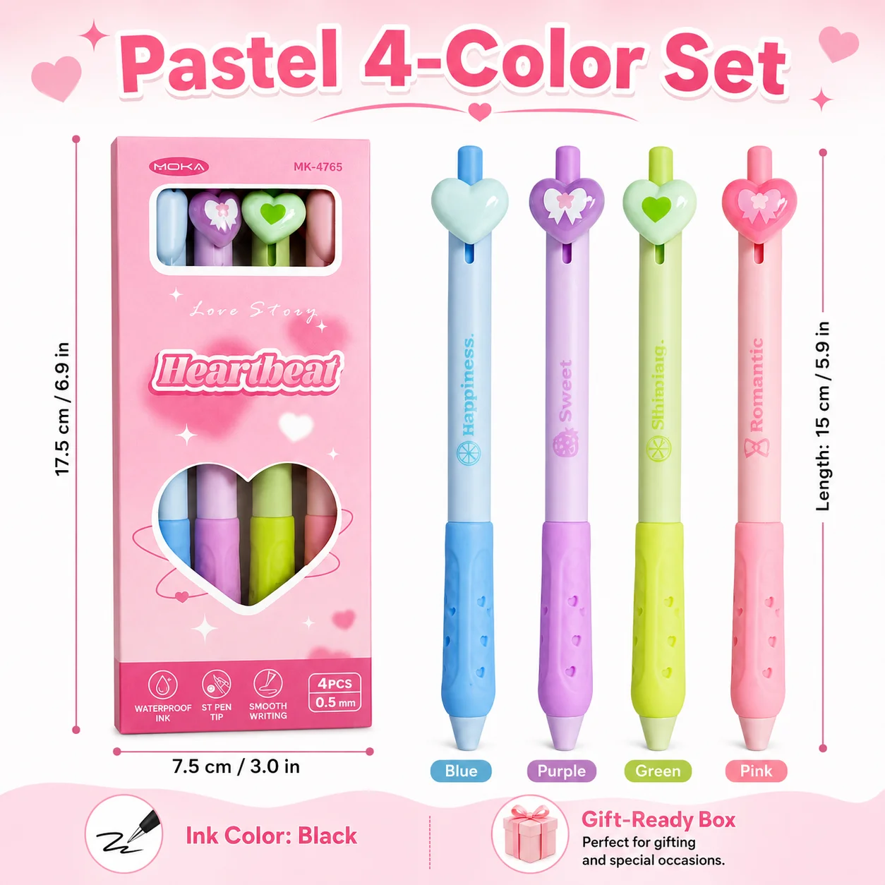 Pastel Heart Click Gel Pen Set 4Pcs, 0.5mm ST Nib Black Ink Comfort Grip Pens for Student Daily Journaling
Pastel Heart Click Gel Pen Set 4Pcs, 0.5mm ST Nib Black Ink Comfort Grip Pens for Student Daily Journaling