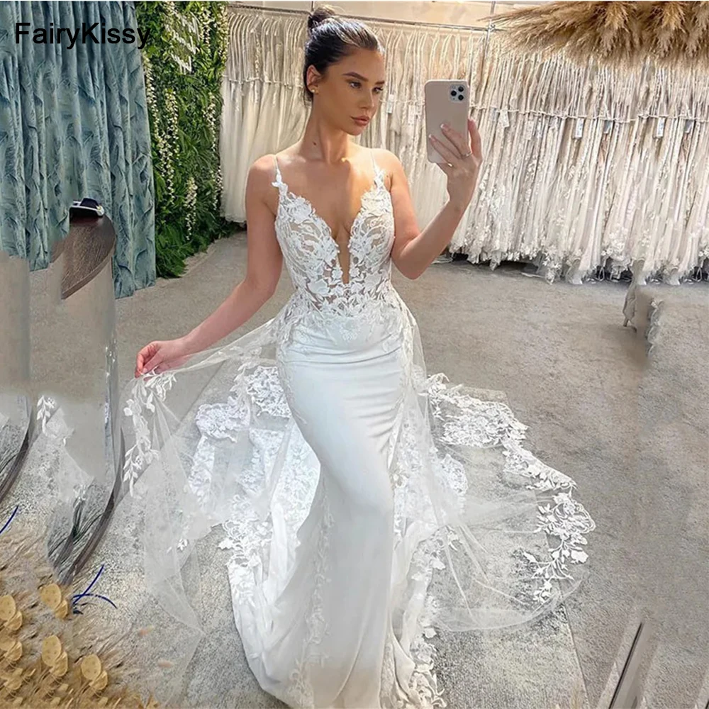 FairyKissy Boho Lace Mermaid Wedding Dresses Soft Satin Spaghetti Straps Bride Dress Elegant Classic Modest Bride Wedding Gowns
FairyKissy Boho Lace Mermaid Wedding Dresses Soft Satin Spaghetti Straps Bride Dress Elegant Classic Modest Bride Wedding Gowns